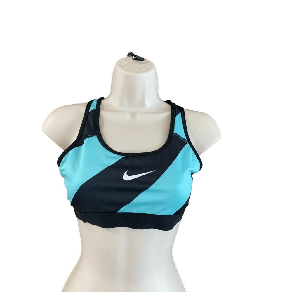 Nike Pro Womens Size M Sport Bra Black Greenish Blue 850845-466 Racerback Stripe